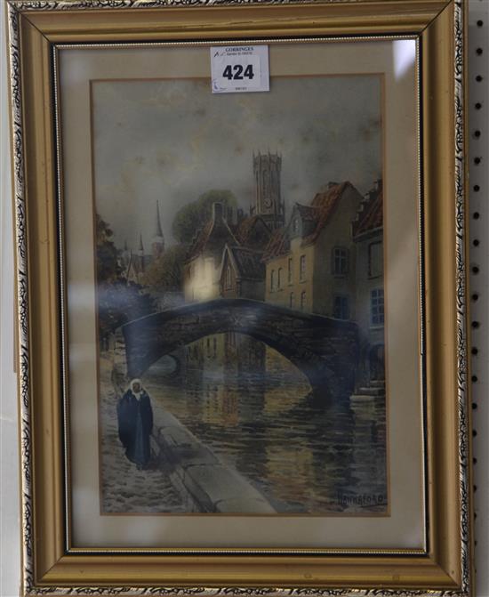 Charles E. Hannaford, watercolour, a pair, The Cloth Market, Bruges & Pont du Cheval, Bruges, signed, labels verso